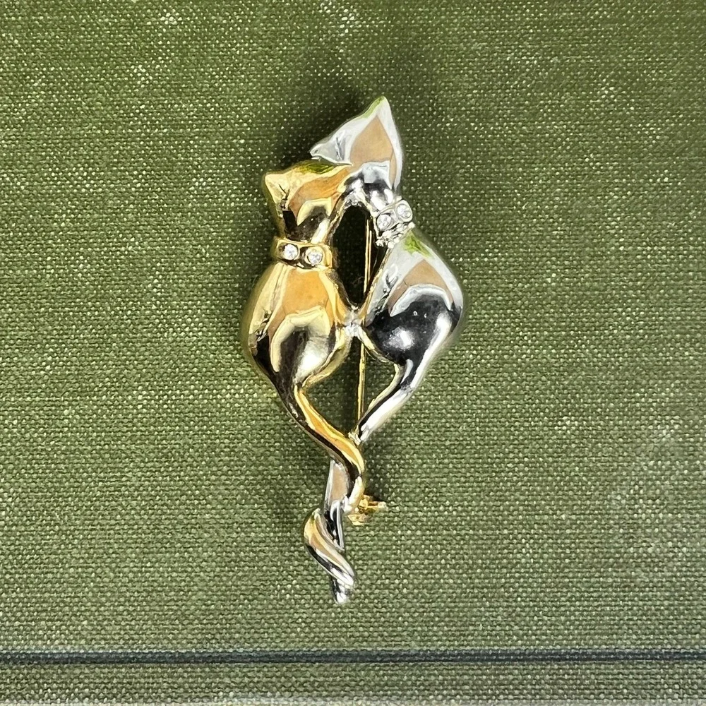 VintageTwo Tones Cat Brooch Gold & Silver Cats W Rhinestone Collars Figural Pin